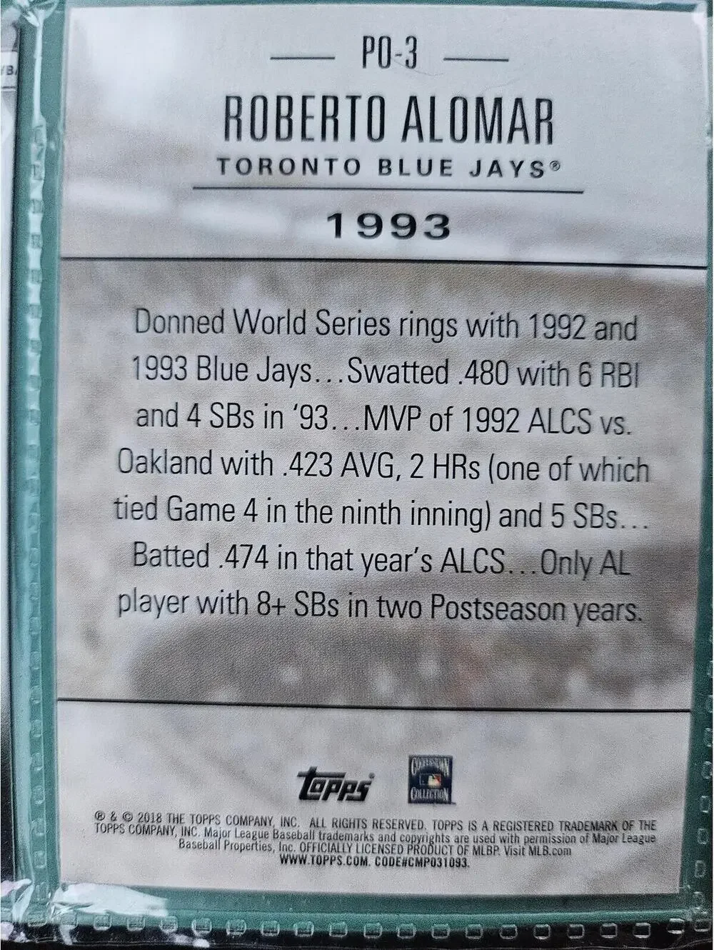 Roberto Alomar - HOF - 2018 Topps Update Postseason Prominence BLUE #PO-3